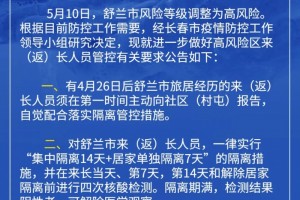 新冠肺炎长春市布告舒兰市调整为高风险一切来返人员需阻隔14天并做检测 新冠肺炎长春市布告舒兰市调整为高风险一切来返人员需阻隔14天并做检测